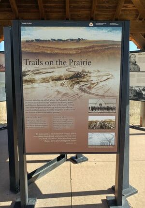 The storyboard about Trails on the Prairie is in the kiosk at Howell Rut Site west of Howell on Highway 50.