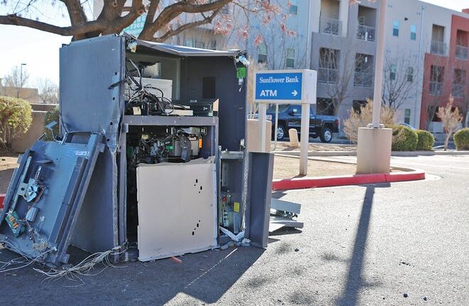 This ATOM, pictured January 24, 2022, was torn apart last weekend after police said three men tried to steal $50,000.  The ATM is located at the Sunflower Bank on North Water Street.