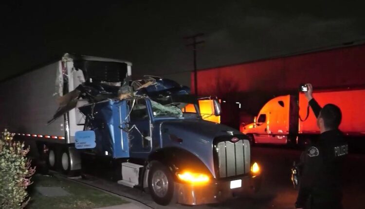 Airborne Car Shreds Top Off Big Rig – NBC Los Angeles