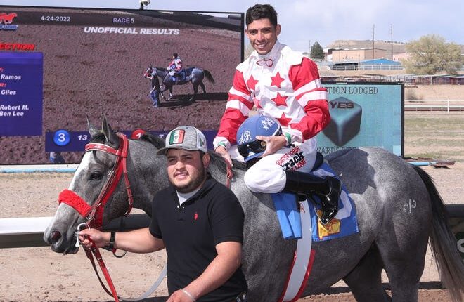 River Flash and jockey Adrian Ramos return to the winners circle after proving best in the $100,000 New Mexico Breeders Stakes, Sunday, April 24, 2022 at SunRay Park and Casino.