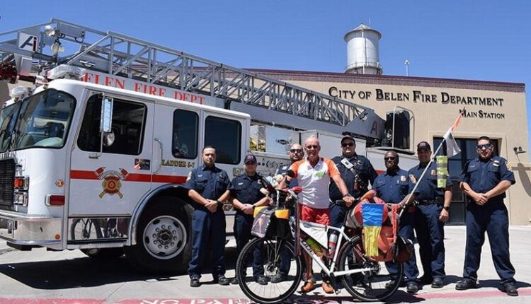 German cyclist riding across US stops at Belen fire station

