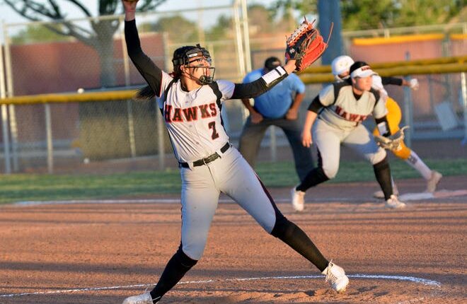 Caprice Barela took the mound for the Centennial Hawks in first round action on Friday night of the state playoffs against the Cibola Cougars.