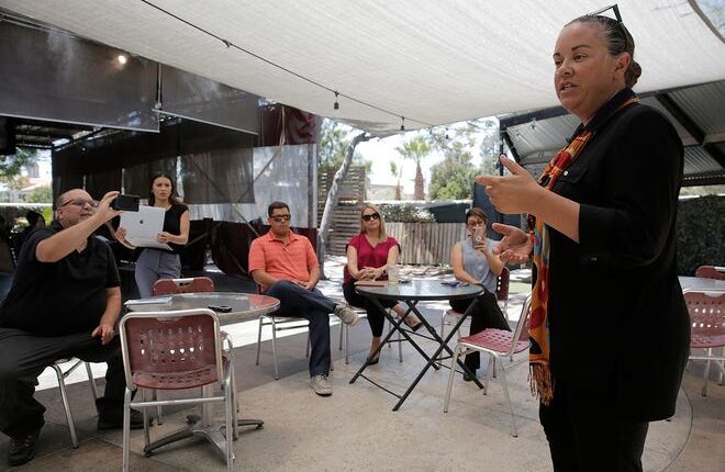 Marci Dickerson, right, addresses a reporter at a news conference on May 26, 2022. Dickerson and others slammed the Las Cruces City Council and the mayor for not doing more regarding property crime or homelessness.
