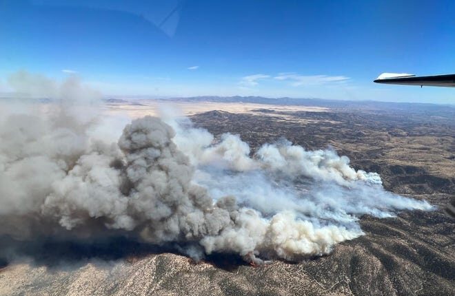 An aerial view of the Foster Fire May 30, 2022 burning in New Mexico's bootheel in the Coronado National Forest near the border of Arizona.