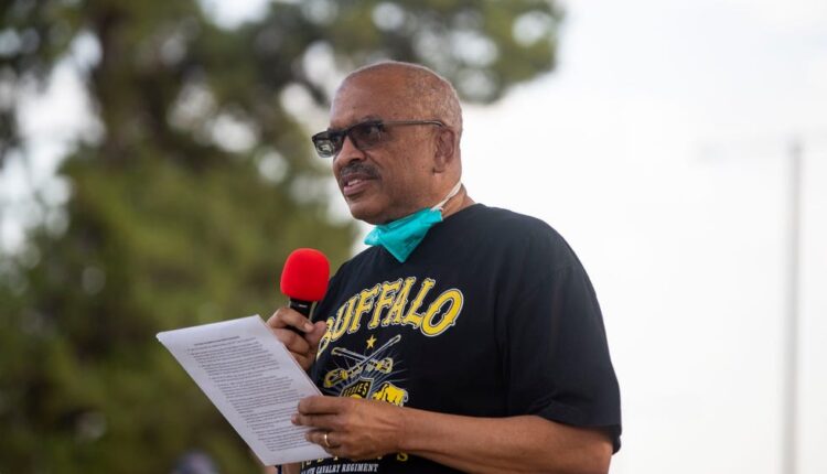 NMSU General Counsel Roy Collins III discusses the history of Juneteenth during NMSU's Juneteenth celebration at the Corbett Center Student Union outdoor stage on Friday, June 17, 2022.
