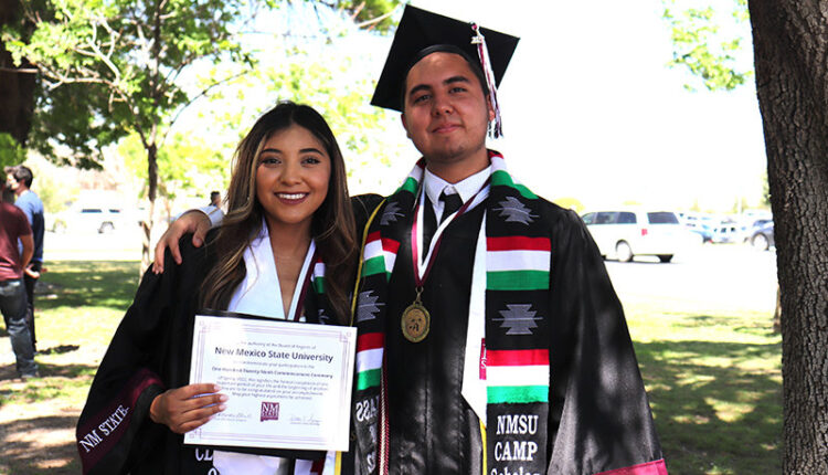 From left: CAMP May 2022 graduates Sheyla Gutierrez, bachelor&rsquo;s degree of business administration in management with Honors, and Daniel Grajeda, bachelor&rsquo;s degree of business administration in finance and bachelor&rsquo;s degree in Spanish with honors and a Crimson Scholar.