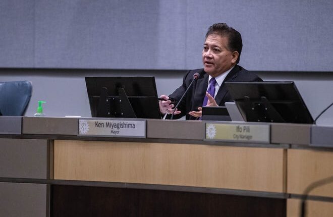 Las Cruces Mayor Ken Miyagishima speaks at a city council meeting Feb. 22, 2022. In July 2022, the board of directors for Mesilla Valley Community of Hope, a nonprofit involved in Desert Hope Apartments, criticized the mayor's appearance in a June 30 news segment on KVIA-Channel 7 news about the Pecos Street housing complex.
