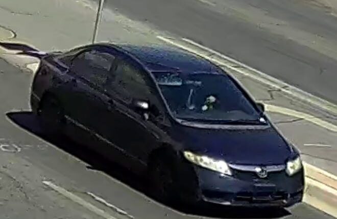 Las Cruces police believe the passenger of this dark blue Honda Civic is responsible for a road rage shooting Aug 5, 2022, that injured a 3-year-old girl.