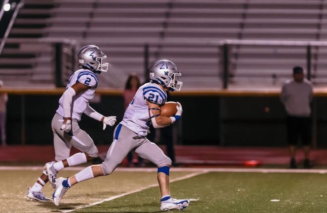 Carlsbad's Jonathan Fuentes (2) and Jesse Rodriguez (21) at a high school football game against Las Cruces High School Thursday, Sept. 30, 2021, at the Field Of Dreams in Las Cruces, NM.