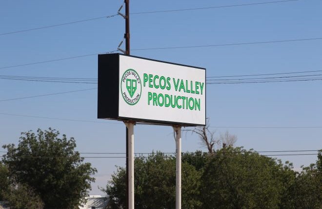 A sign announces the newest location for Pecos Valley Production in Artesia at the former Chaos Cafe on First Street on Sept. 22, 2022.