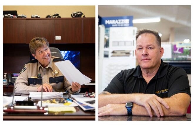 Kim Stewart, left, and Byron Hollister, right, are both running for Doña Ana County Sheriff.