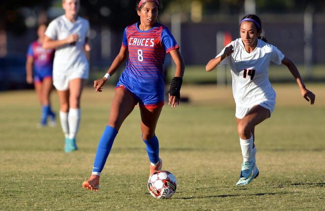 Gabriela Mendez lines up her shot on goal as the Las Cruces High Bulldawgs took on the Roswell Coyotes in local soccer action on Thursday night.