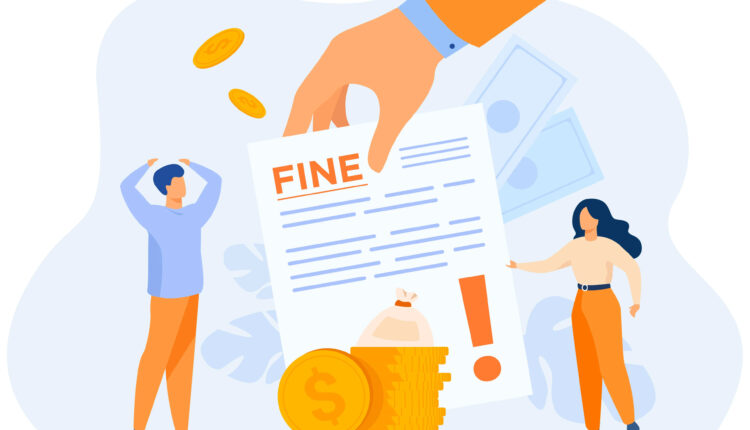 An illustration depicts two human figures looking at a notice that they've been fined.