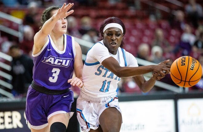 NMSU guard Soufia Inoussa passes the ball during a women's basketball game against ACU on Thursday at the Pan American Center in Las Cruces, New Mexico.