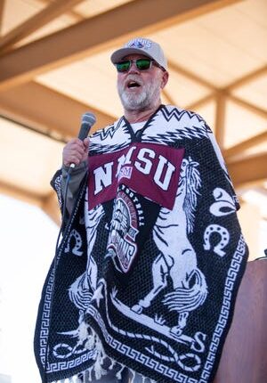 NMSU football head coach Jerry Kill speaks to the crowd during the Quick Lane Bowl Celebration on Saturday, Jan. 21, 2023, at the downtown plaza in Las Cruces. 