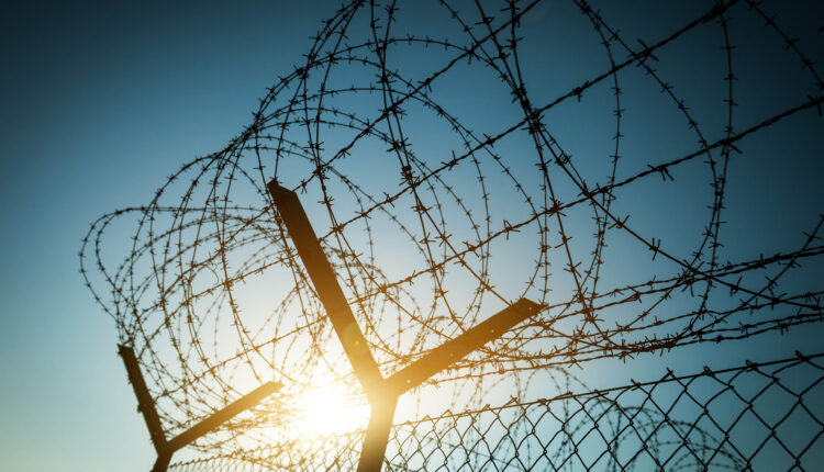 Sun shines through a barbed wire fence.