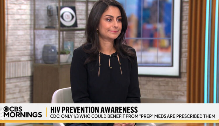 A screenshot shows Céline Gounder sitting at a table on a TV news set. Text on the screen reads, "HIV prevention awareness. CDC: Only 1/3 who could benefit from "PrEP" meds are prescribed them."