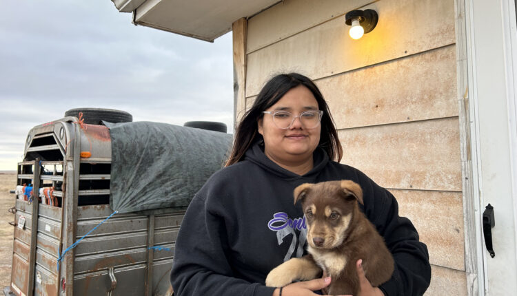 Katherine Goodlow holds a brown puppy outside her grandmother's home.
