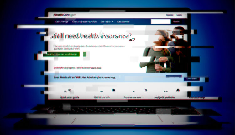 A glitchy photo illustration of a laptop opened with the healthcare.gov website opened.