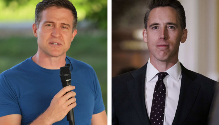 Two photos shown side by side. The left photo is of Lucas Kunce speaking to a crowd while holding a microphone. The right is of Sen. Josh Hawley walking down a hallway in the U.S. Capitol.